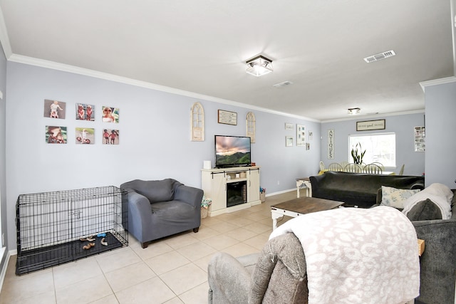 tiled living room with crown molding