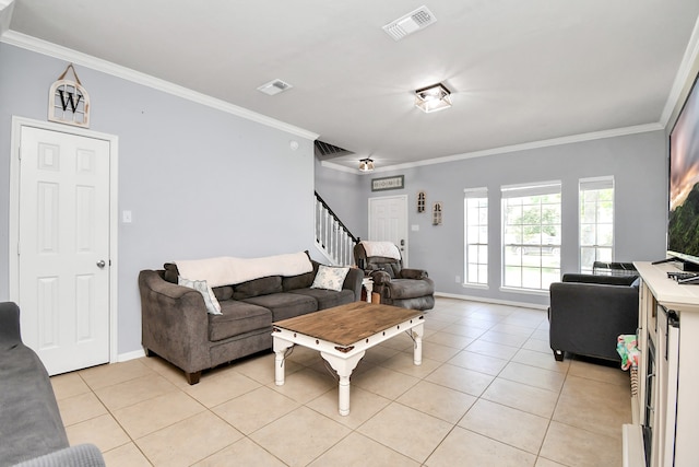 tiled living room with ornamental molding