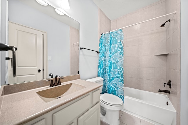 full bathroom featuring shower / tub combo with curtain, tile patterned flooring, vanity, and toilet