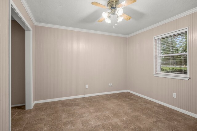 unfurnished room with a textured ceiling, ceiling fan, and ornamental molding