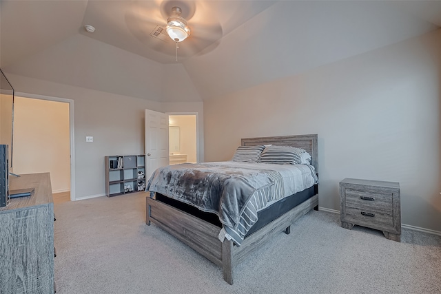 bedroom with lofted ceiling, carpet, and ceiling fan