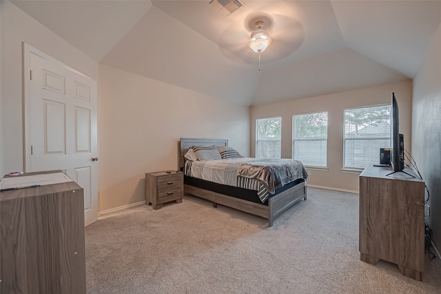 carpeted bedroom with lofted ceiling and ceiling fan