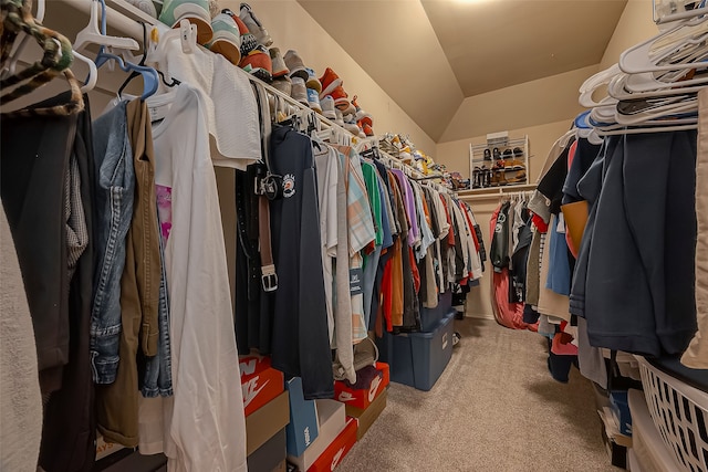 spacious closet featuring lofted ceiling and carpet flooring