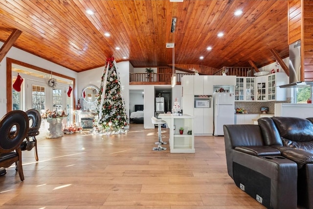 living room with wooden ceiling, french doors, high vaulted ceiling, and light hardwood / wood-style floors