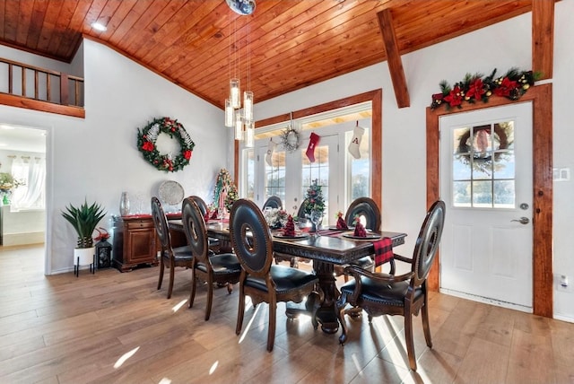 dining space with wooden ceiling, vaulted ceiling, light hardwood / wood-style flooring, and a chandelier