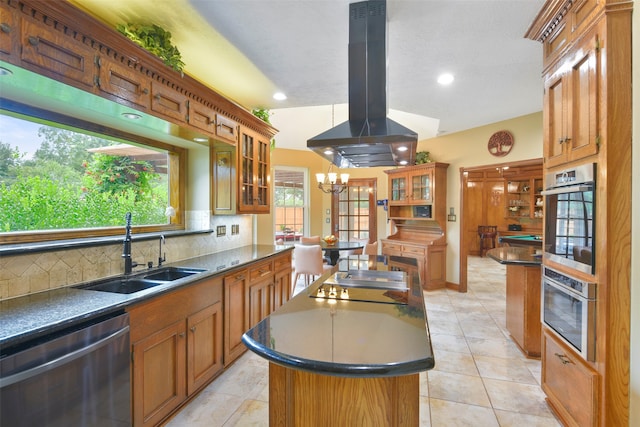 kitchen featuring dishwasher, island range hood, a kitchen island, sink, and black electric cooktop