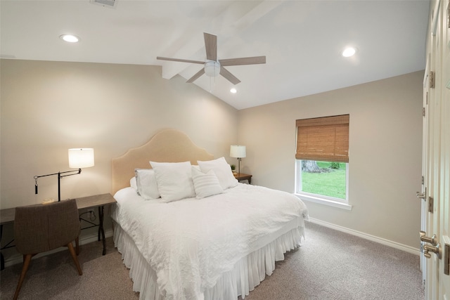 bedroom featuring ceiling fan, carpet floors, and lofted ceiling with beams