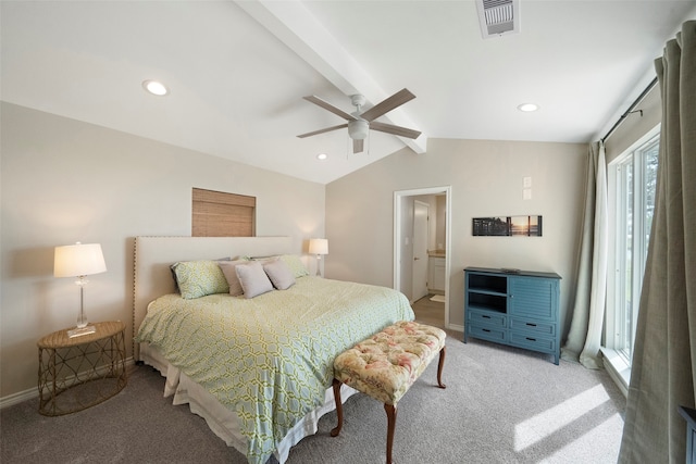 bedroom with multiple windows, carpet floors, ceiling fan, and vaulted ceiling with beams