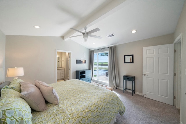 bedroom with light carpet, access to outside, ceiling fan, connected bathroom, and vaulted ceiling with beams