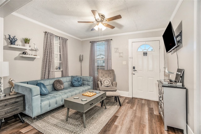 living room with a textured ceiling, crown molding, ceiling fan, and hardwood / wood-style flooring