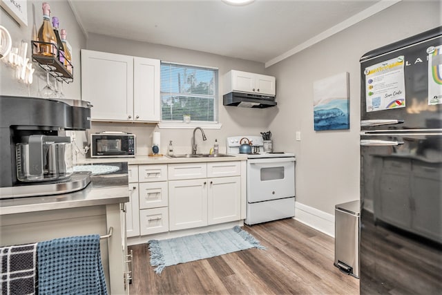 kitchen with black appliances, crown molding, sink, white cabinetry, and light wood-type flooring