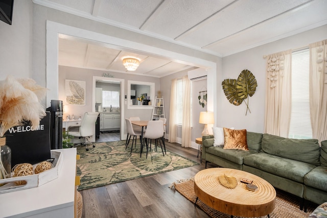 living room with a wealth of natural light, a wall mounted AC, wood-type flooring, and a textured ceiling