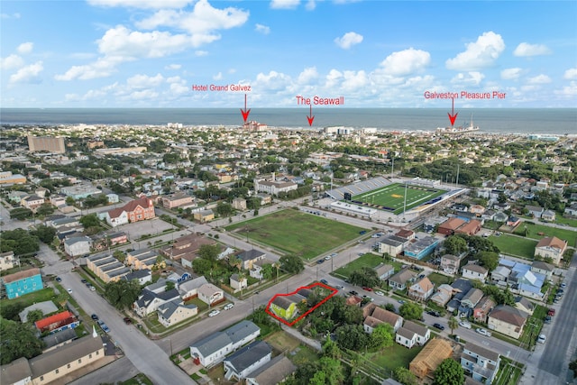 birds eye view of property featuring a water view