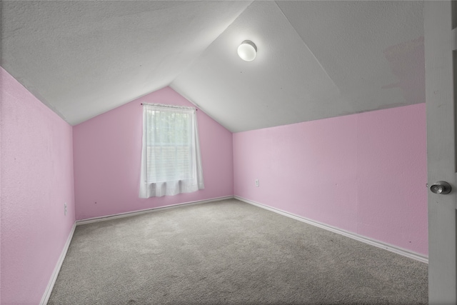 additional living space featuring a textured ceiling, lofted ceiling, and carpet