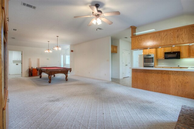 playroom featuring ceiling fan, light colored carpet, and billiards