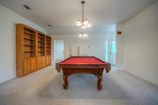 playroom featuring light colored carpet and pool table