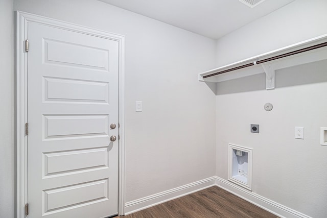 laundry room featuring dark hardwood / wood-style floors, washer hookup, gas dryer hookup, and hookup for an electric dryer