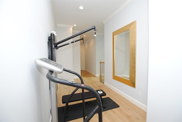 workout area featuring crown molding and light hardwood / wood-style flooring