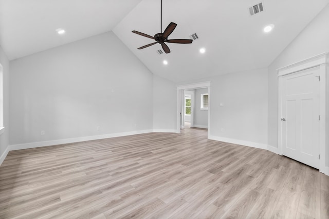 interior space with high vaulted ceiling, ceiling fan, and light hardwood / wood-style floors