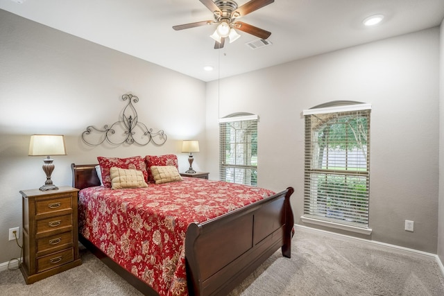 carpeted bedroom with baseboards, visible vents, ceiling fan, and recessed lighting