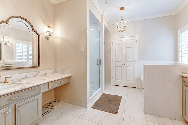 bathroom with independent shower and bath, crown molding, and vanity