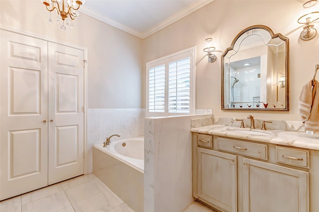 bathroom featuring a bath, ornamental molding, a notable chandelier, and vanity