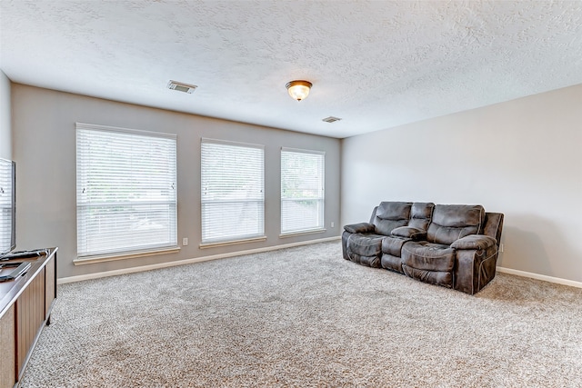 carpeted living room with a textured ceiling