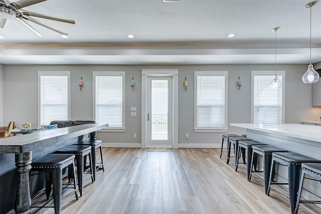 dining room featuring a healthy amount of sunlight, ceiling fan, and light hardwood / wood-style floors