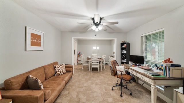 office with ceiling fan with notable chandelier