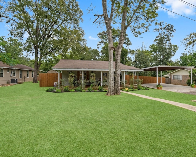 single story home featuring a front lawn, a carport, and central AC