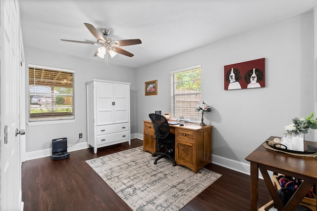 office featuring dark hardwood / wood-style flooring, plenty of natural light, and ceiling fan