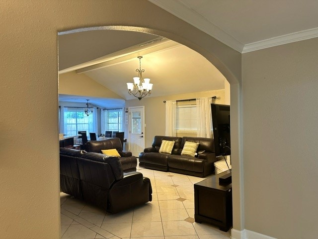 tiled living room featuring ornamental molding, a chandelier, and lofted ceiling with beams