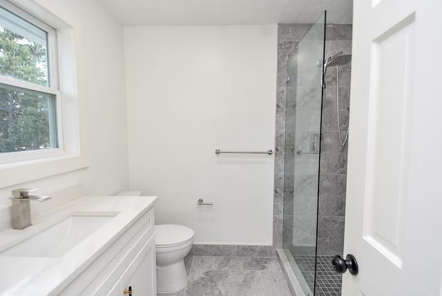 bathroom with plenty of natural light, vanity, toilet, and an enclosed shower