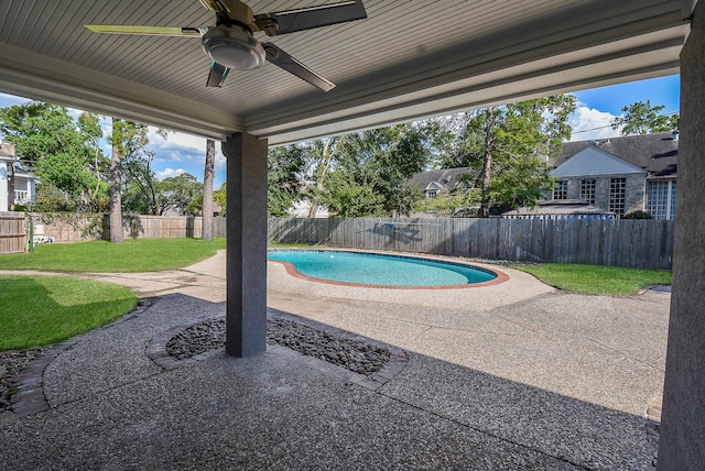 view of pool featuring ceiling fan, a yard, and a patio area