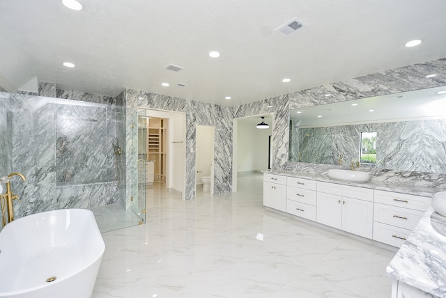 full bathroom featuring vanity, tile walls, and plus walk in shower