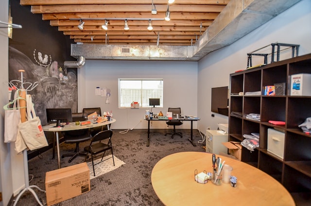 office space with carpet and track lighting