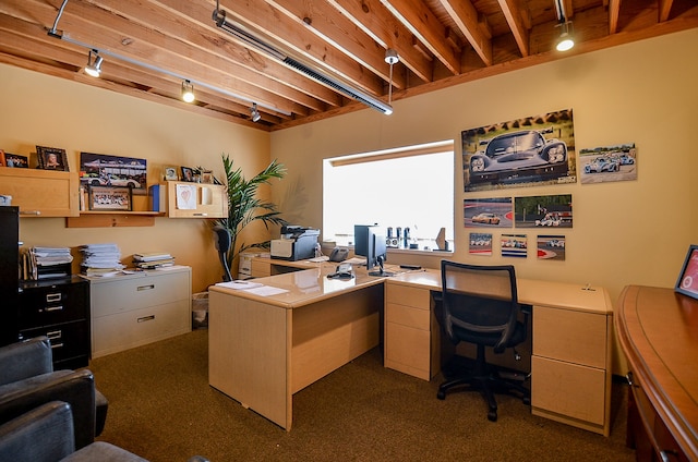 office space with dark carpet, rail lighting, and beamed ceiling