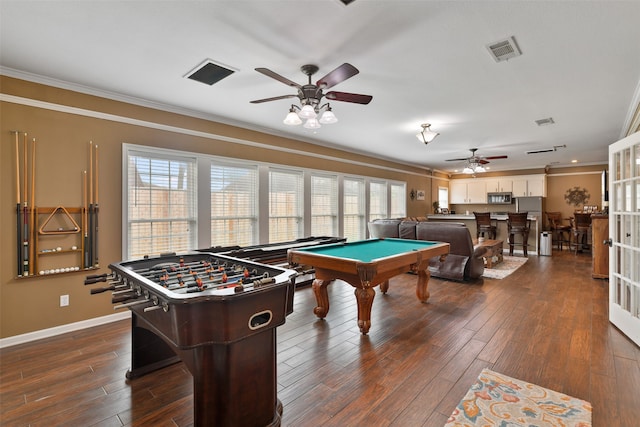 recreation room with a wealth of natural light, crown molding, ceiling fan, and pool table