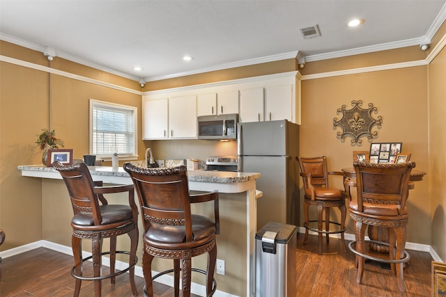 kitchen featuring dark wood-type flooring, stainless steel appliances, and kitchen peninsula