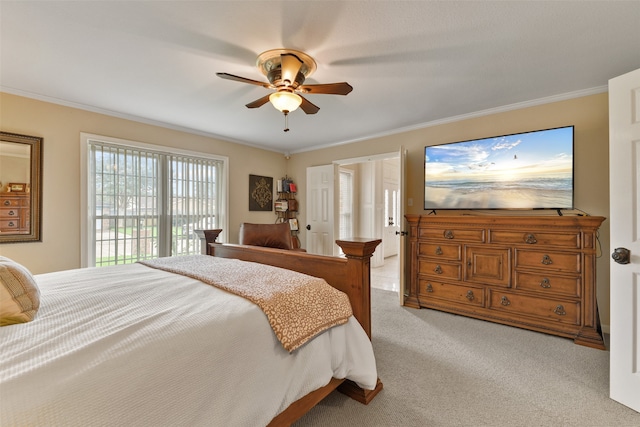 bedroom featuring ornamental molding, access to outside, ceiling fan, and carpet floors