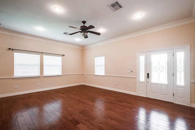 entrance foyer with a textured ceiling, ceiling fan, crown molding, and dark hardwood / wood-style flooring