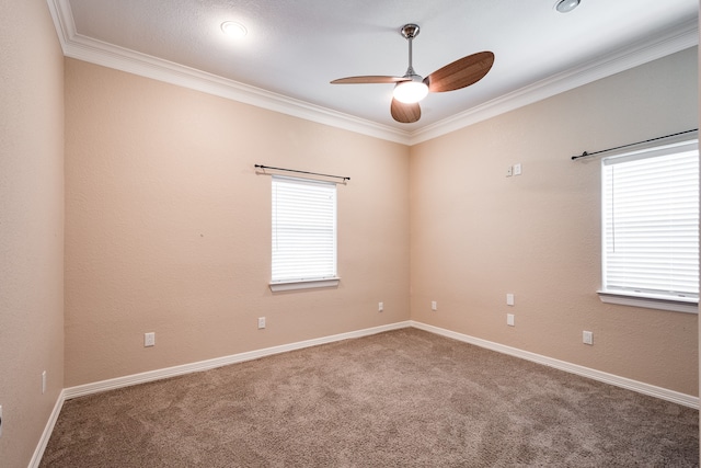 carpeted empty room with ceiling fan and ornamental molding