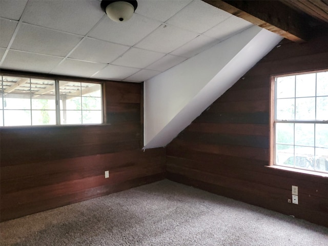 bonus room featuring a wealth of natural light, wooden walls, and carpet