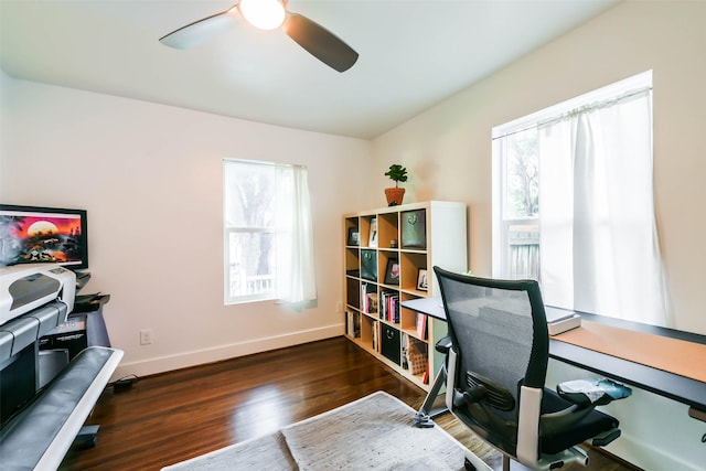 office with ceiling fan and dark wood-type flooring