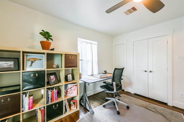 office space with ceiling fan and wood-type flooring