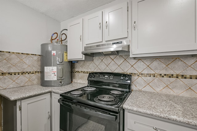 kitchen with white cabinets, a textured ceiling, electric water heater, and black range with electric stovetop