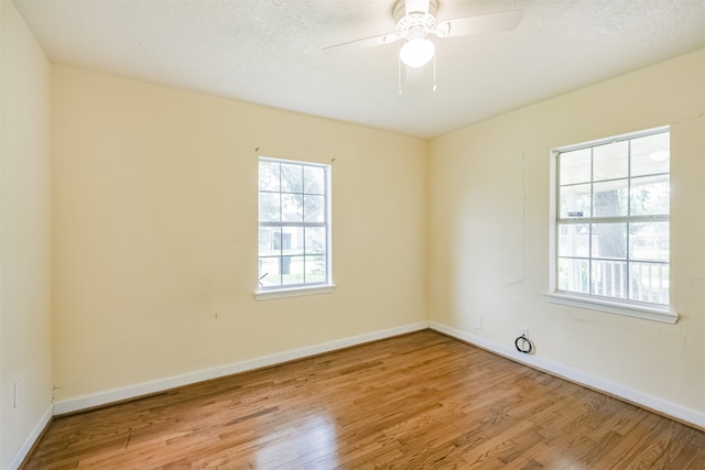 empty room featuring light wood-type flooring, a textured ceiling, and ceiling fan