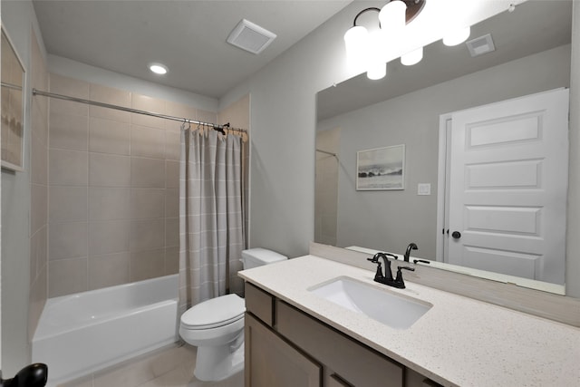 full bathroom featuring vanity, toilet, shower / tub combo, and tile patterned floors