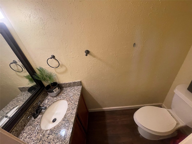 bathroom featuring vanity, wood-type flooring, and toilet