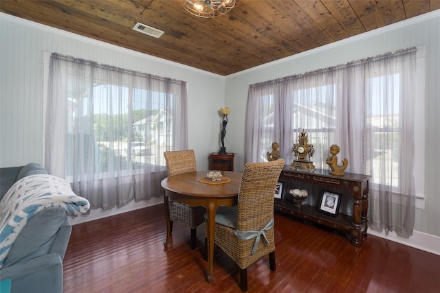 dining room with crown molding, wooden walls, wooden ceiling, and dark hardwood / wood-style flooring